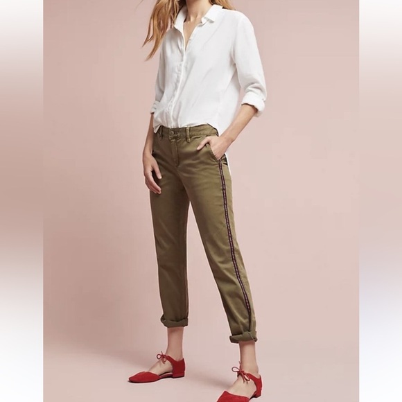 Anthropologie Pants - ANTHROPOLOGIE Olive Green w Black velvet stripe straight leg chinos size 28
